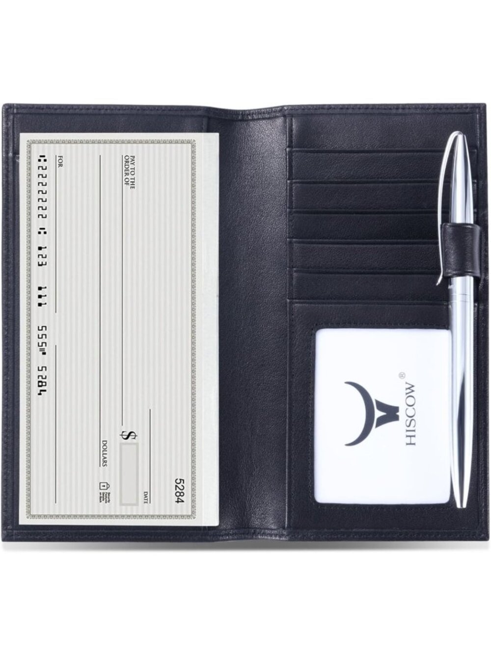 Stylish Leather Checkbook Cover with Card Slots & Pen Holder - Black Wallet